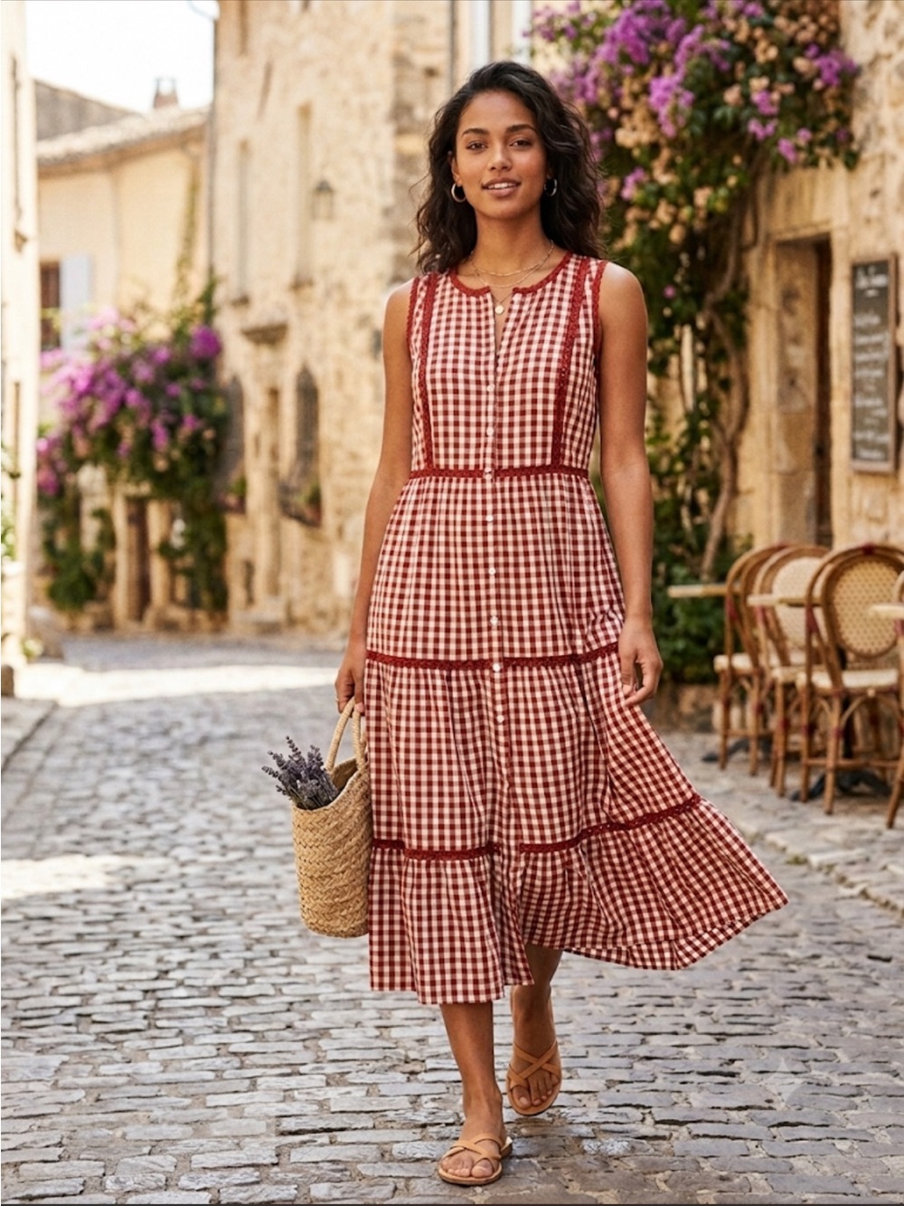 Max Studio Gingham Tiered Midi Dress